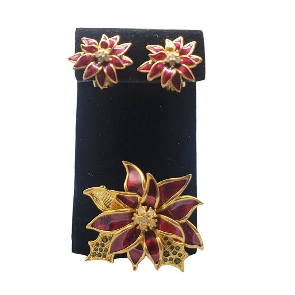 Nolan Miller Poinsettia Jewelry Set Red Enamel Gold Plated Brooch Clip On Earrin - Picture 4 of 16